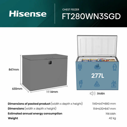 Hisense FT280WN3SGD 277L D Rated Chest Freezer in Silver with large-capacity frozen food storage and reliable cooling technology.