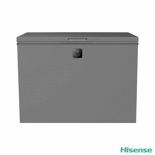 Front angle view of the silver Hisense FT280WN3SGD 277L chest freezer placed against a neutral wall with its lid closed showing the recessed handle.