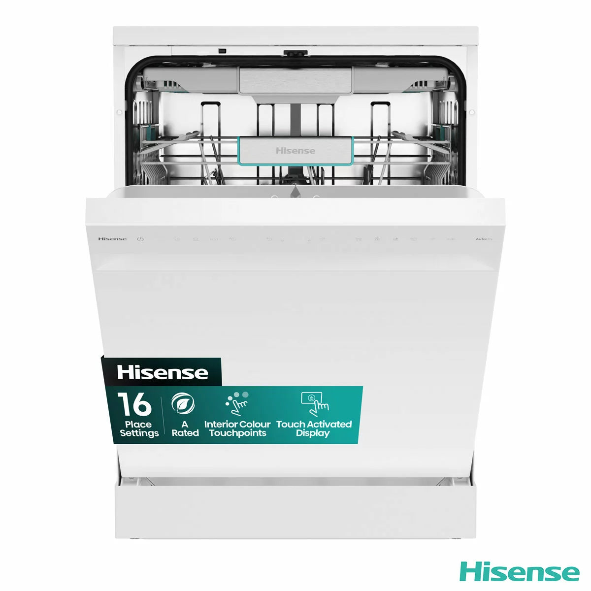 Hisense HS673A90WUK white dishwasher with 16 place settings capacity and A-rated energy-efficient cleaning performance .