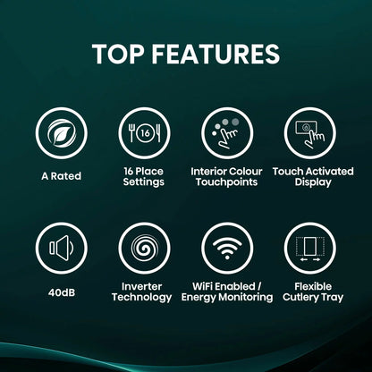Hisense HS673A90WUK white dishwasher with 16 place settings capacity and A-rated energy-efficient cleaning performance .