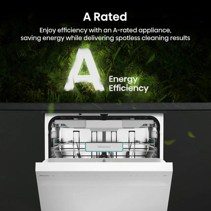 Hisense HS673A90WUK white dishwasher with 16 place settings capacity and A-rated energy-efficient cleaning performance .