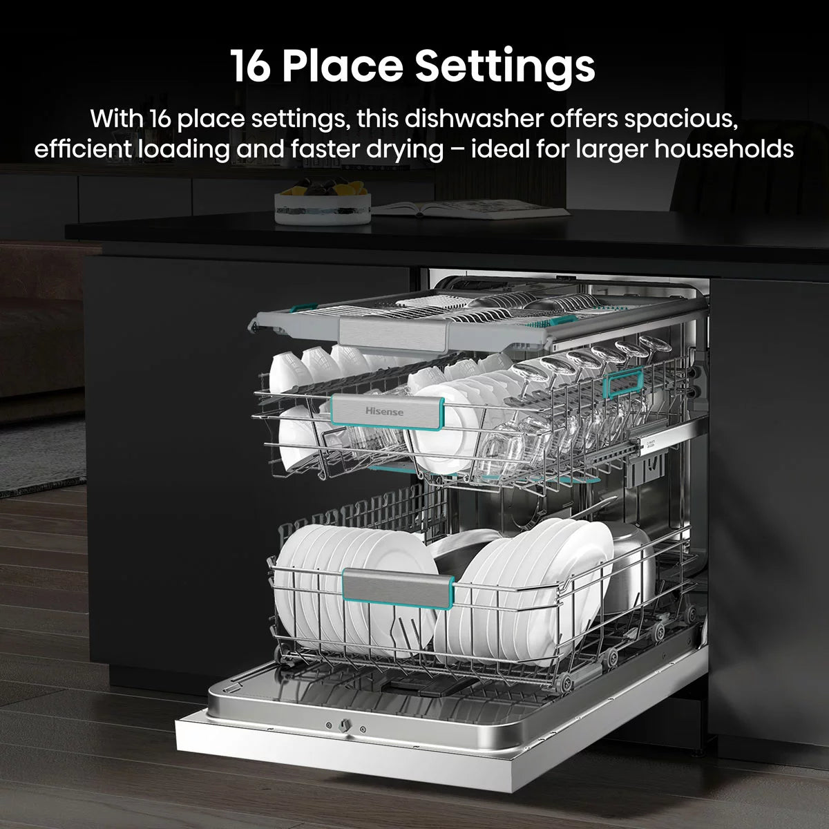 Hisense HS673A90WUK white dishwasher with 16 place settings capacity and A-rated energy-efficient cleaning performance .