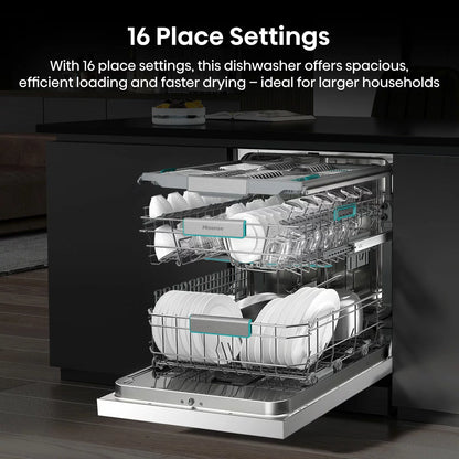 Hisense HS673A90WUK white dishwasher with 16 place settings capacity and A-rated energy-efficient cleaning performance .