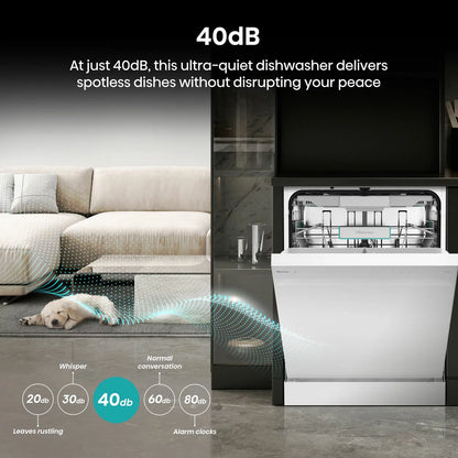 Hisense HS673A90WUK white dishwasher with 16 place settings capacity and A-rated energy-efficient cleaning performance .
