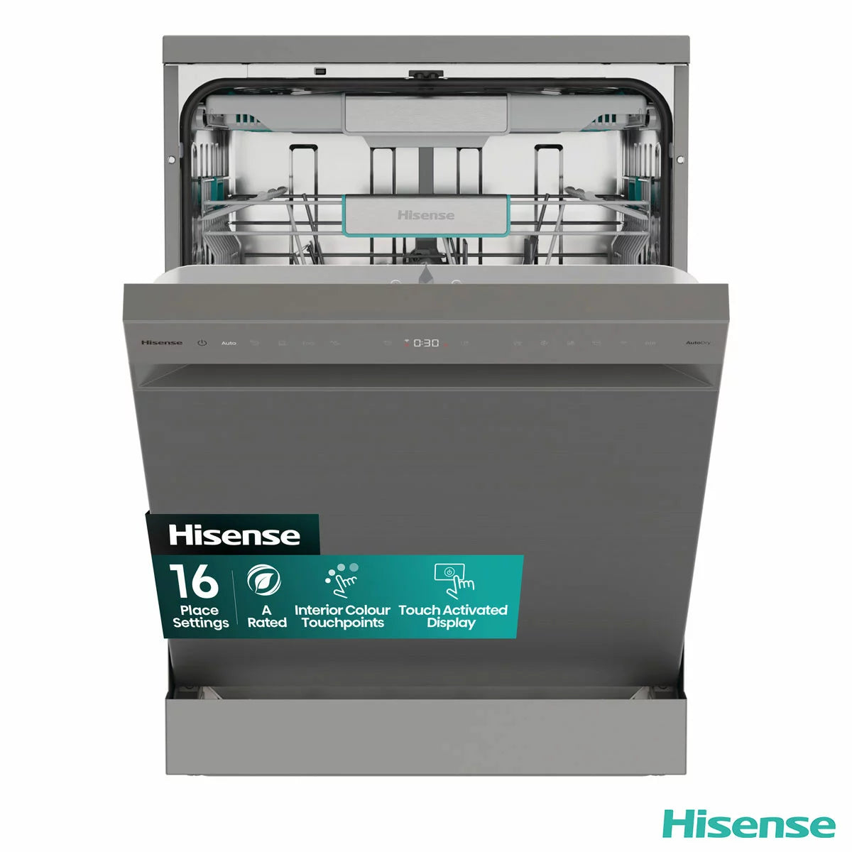 Hisense HS673A90XUK silver dishwasher with 16 place settings capacity and A-rated energy-efficient cleaning performance .