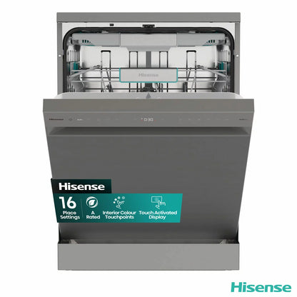 Hisense HS673A90XUK silver dishwasher with 16 place settings capacity and A-rated energy-efficient cleaning performance .