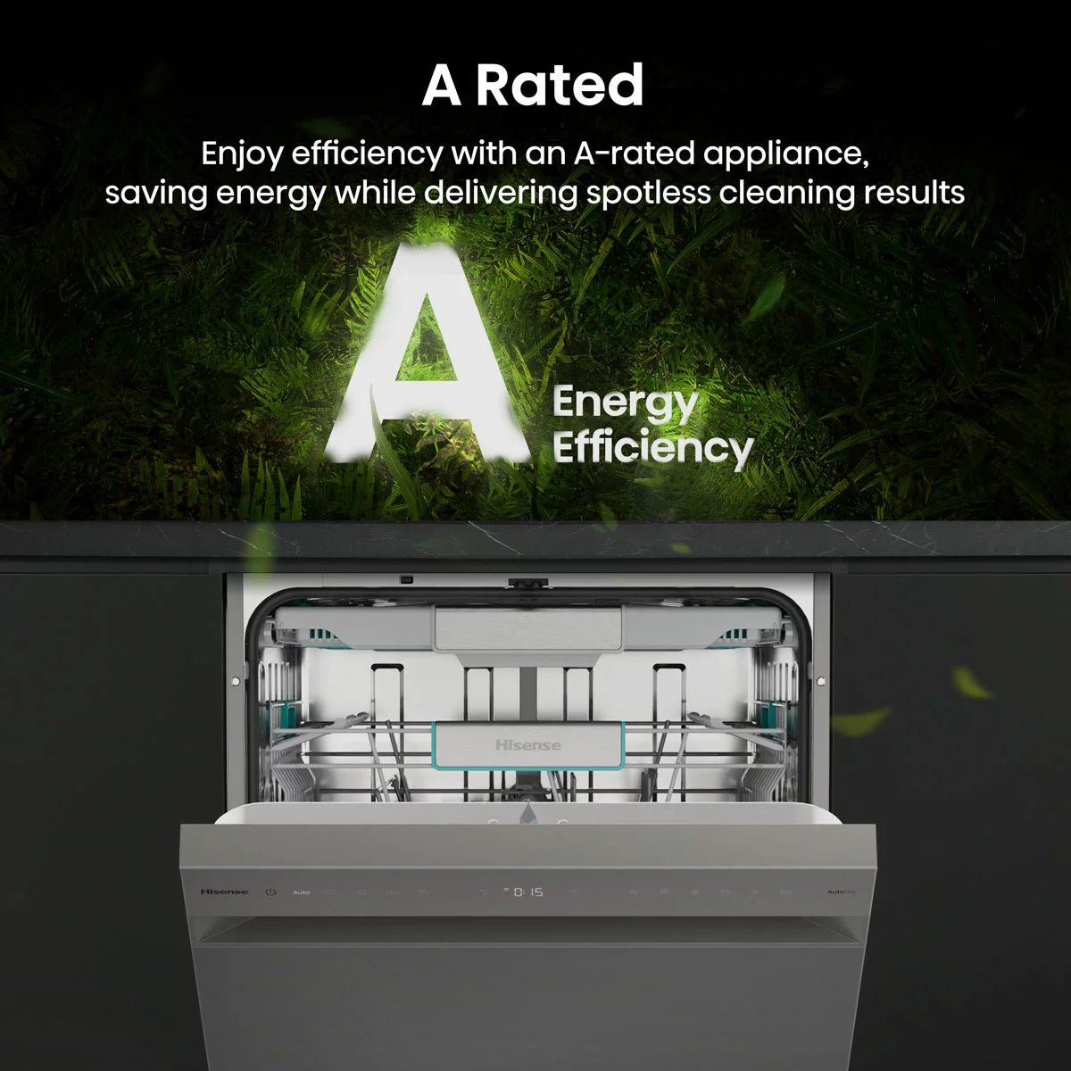 Hisense HS673A90XUK silver dishwasher with 16 place settings capacity and A-rated energy-efficient cleaning performance .