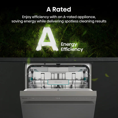 Hisense HS673A90XUK silver dishwasher with 16 place settings capacity and A-rated energy-efficient cleaning performance .
