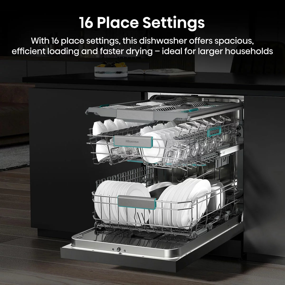 Hisense HS673A90XUK silver dishwasher with 16 place settings capacity and A-rated energy-efficient cleaning performance .