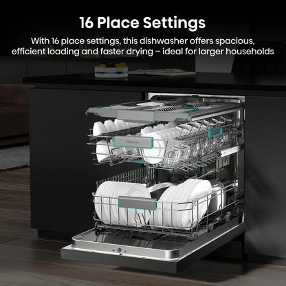 Hisense HS673A90XUK silver dishwasher with 16 place settings capacity and A-rated energy-efficient cleaning performance .