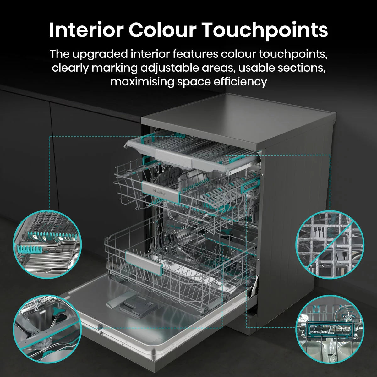 Hisense HS673A90XUK silver dishwasher with 16 place settings capacity and A-rated energy-efficient cleaning performance .