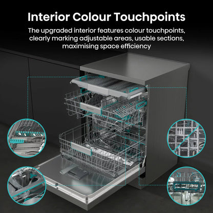 Hisense HS673A90XUK silver dishwasher with 16 place settings capacity and A-rated energy-efficient cleaning performance .