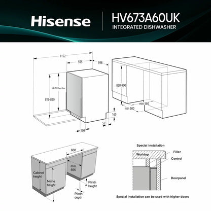 Hisense HV673A60UK fully integrated Wi-Fi enabled dishwasher with smart controls and full-size dishwashing capacity .