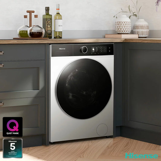 Hisense KitchenFit 5i Series WF5I9043BWFS 9kg A Rated White Washing Machine for energy-efficient family laundry .