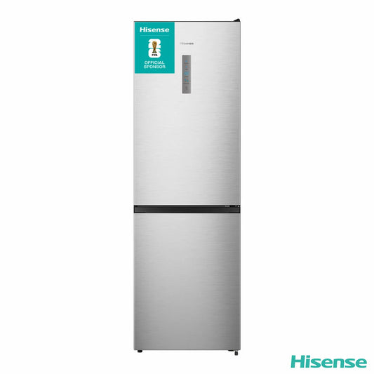 Front view of the Hisense RB395N4BCE freestanding fridge freezer in stainless steel finish installed in a modern kitchen setup.