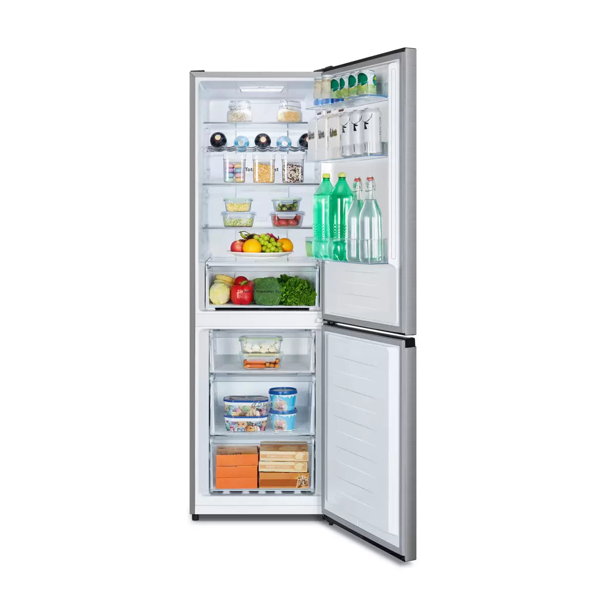 Hisense RB395N4BCE stainless steel fridge freezer with energy-efficient cooling and spacious fresh and frozen food storage .