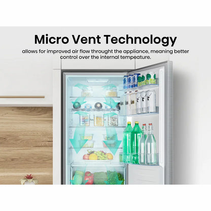 Hisense RB395N4BCE stainless steel fridge freezer with energy-efficient cooling and spacious fresh and frozen food storage .