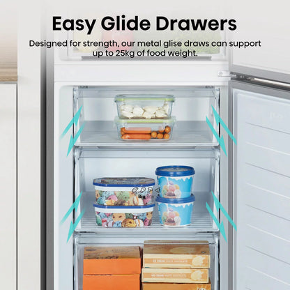 Hisense RB395N4BCE stainless steel fridge freezer with energy-efficient cooling and spacious fresh and frozen food storage .