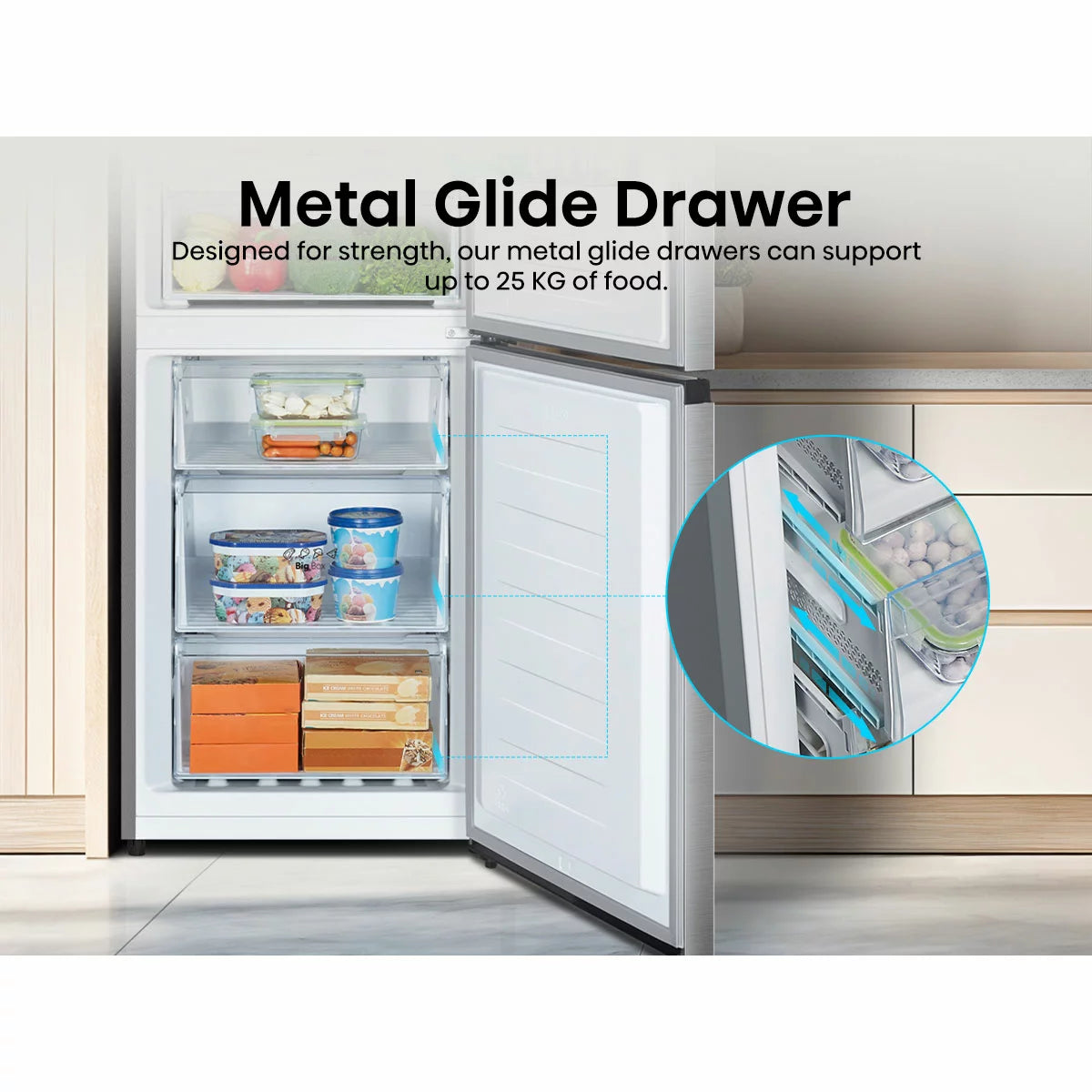 Hisense RB395N4BCE stainless steel fridge freezer with energy-efficient cooling and spacious fresh and frozen food storage .