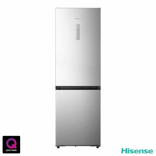 Front angle shot of the silver Hisense RB3K330SAIE Kitchen Fit Fridge Freezer with its sleek brushed doors closed in a modern kitchen setting.