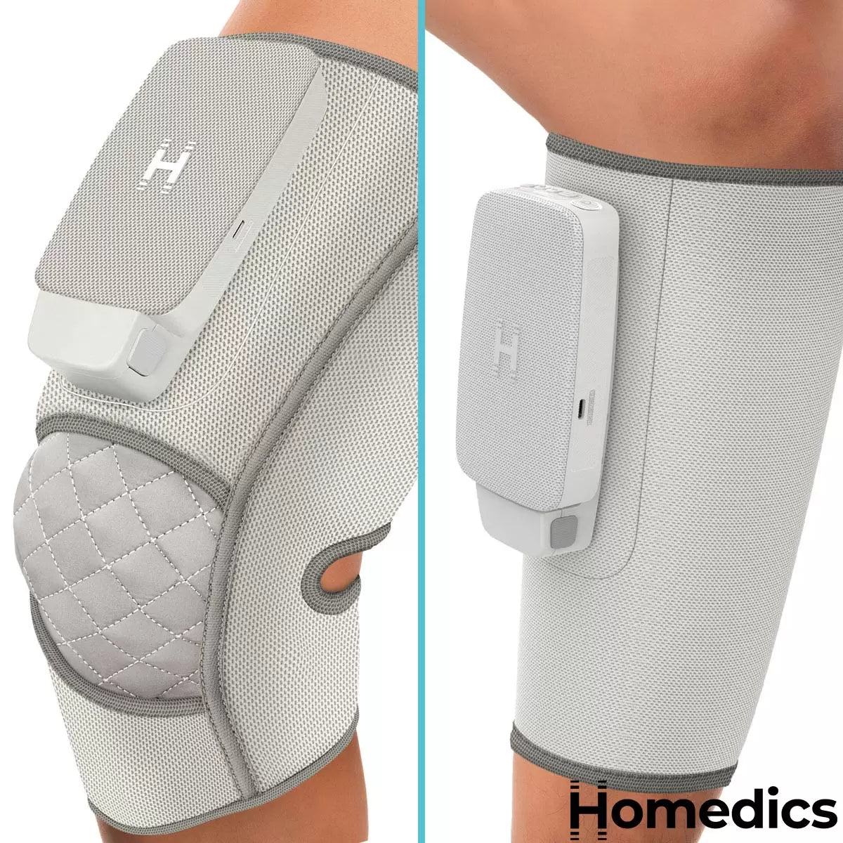 The Homedics Modulair compression bundle, featuring wireless controllers attached to calf and knee sleeves, presented in a clean, modern aesthetic.