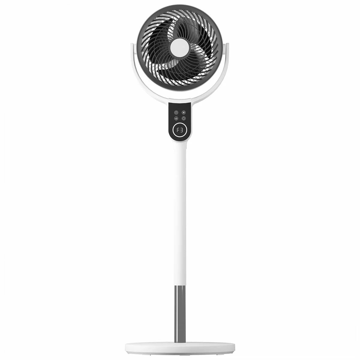 Homewares HW-MO1 multi-oscillation fan in a sleek, modern finish, shown on a clean office desk surface.