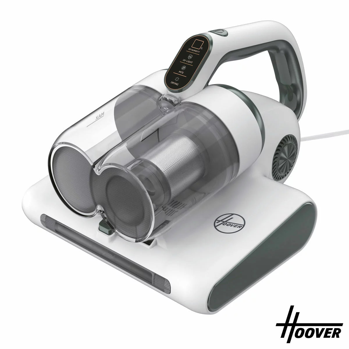 Front angle view of the compact grey Hoover 4-in-1 Mattress Vacuum Cleaner HMC510UV resting on a white quilted mattress surface, showcasing the LED display panel and roller brush base.