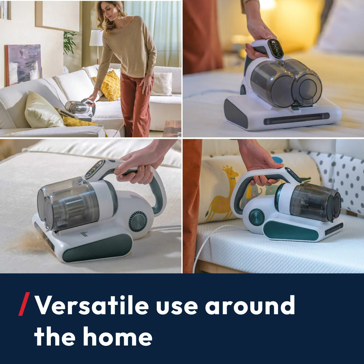 Front angle view of the compact grey Hoover 4-in-1 Mattress Vacuum Cleaner HMC510UV resting on a white quilted mattress surface, showcasing the LED display panel and roller brush base.