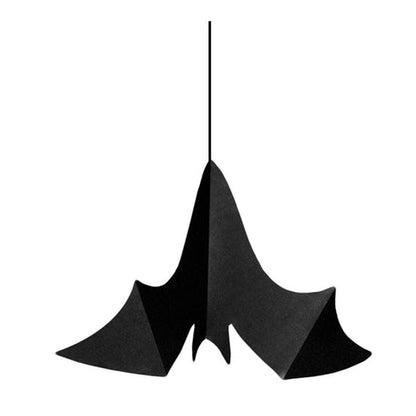 Three black paper hanging bats in varying sizes displayed against a neutral background showcasing 3D unfolded wings and dimensional craft folds.