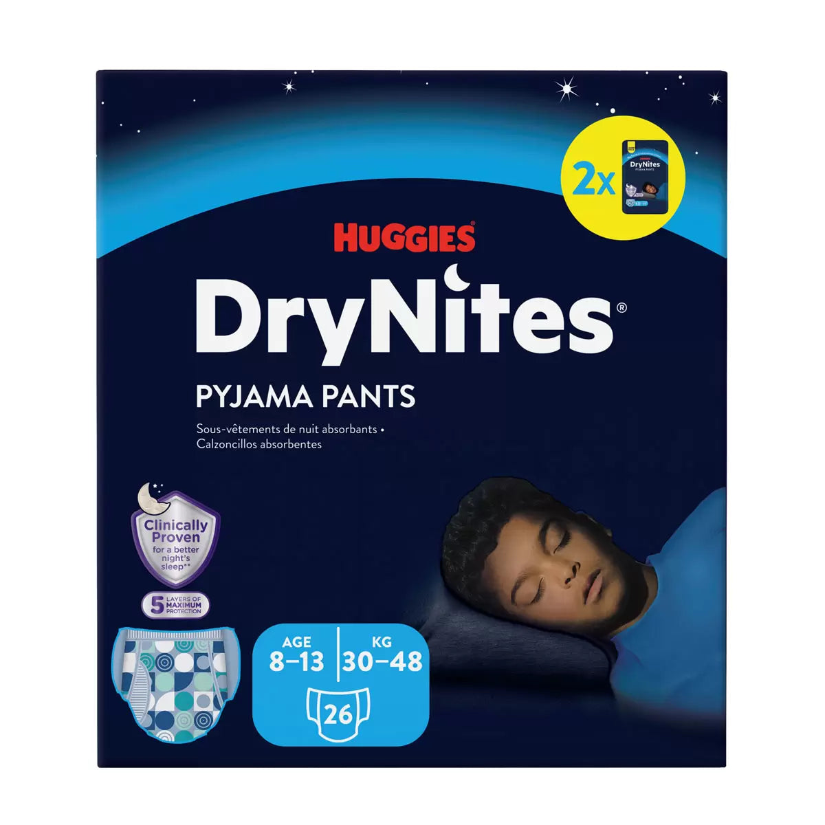 Huggies DryNites Bedwetting Pyjama Nappy Pants for Boys Aged 8-13 Years 30-48kg Pack of 26 Overnight Protection