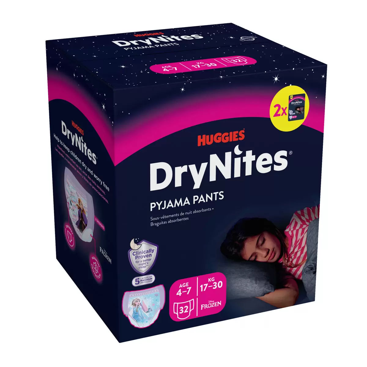 Huggies DryNites Bedwetting Pyjama Nappy Pants Girls Aged 4-7 17-30kg 32 Pack Overnight Protection