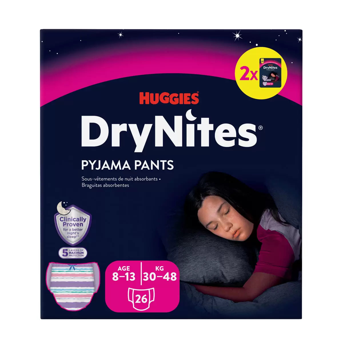 Huggies DryNites Bedwetting Pyjama Nappy Pants for Girls Aged 8-13 Years 30-48kg 26 Pack Overnight Protection