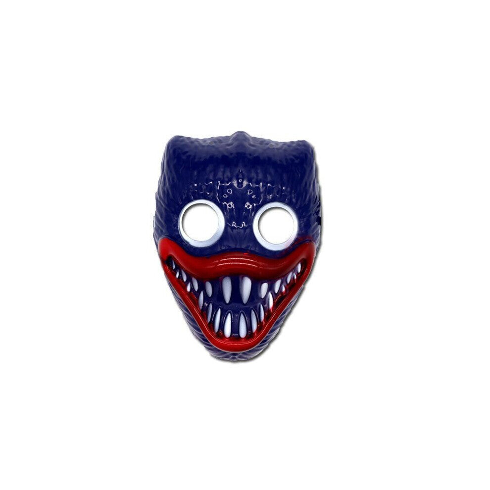 Front view of a blue and black Huggy Wuggy Poppy Playtime cosplay mask made of molded plastic featuring sharp character detailing on a neutral background.