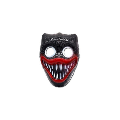 Front view of a blue and black Huggy Wuggy Poppy Playtime cosplay mask made of molded plastic featuring sharp character detailing on a neutral background.
