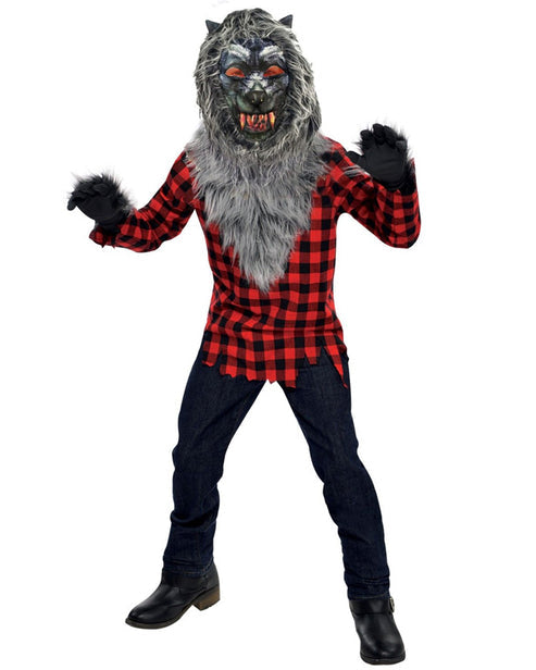 Front view of the Hungry Howler werewolf costume featuring realistic brown faux fur, jagged torn tunic, and open-jaw wolf mask.