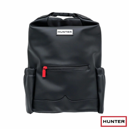 Black Hunter PU Topclip Backpack with smooth water-resistant rubberised finish and signature buckle clip closure displayed against a grey background.