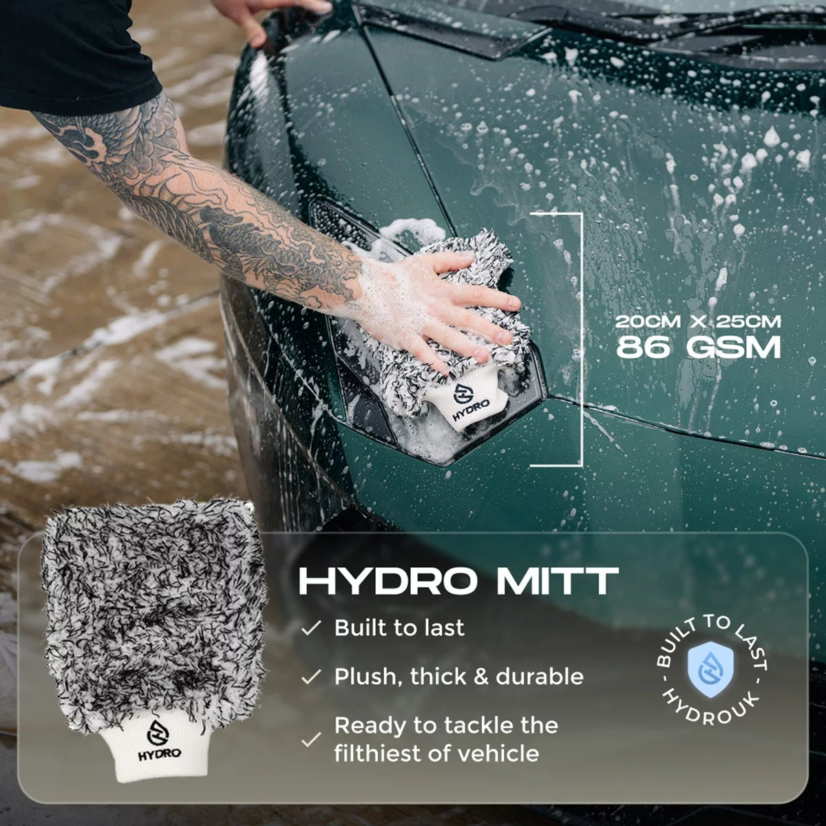 A 6-piece Hydro Pro Foam Kit featuring a black hand-pump spray bottle, three detailing bottles, a plush blue wash mitt, and a gray microfiber drying towel set on a clean driveway.