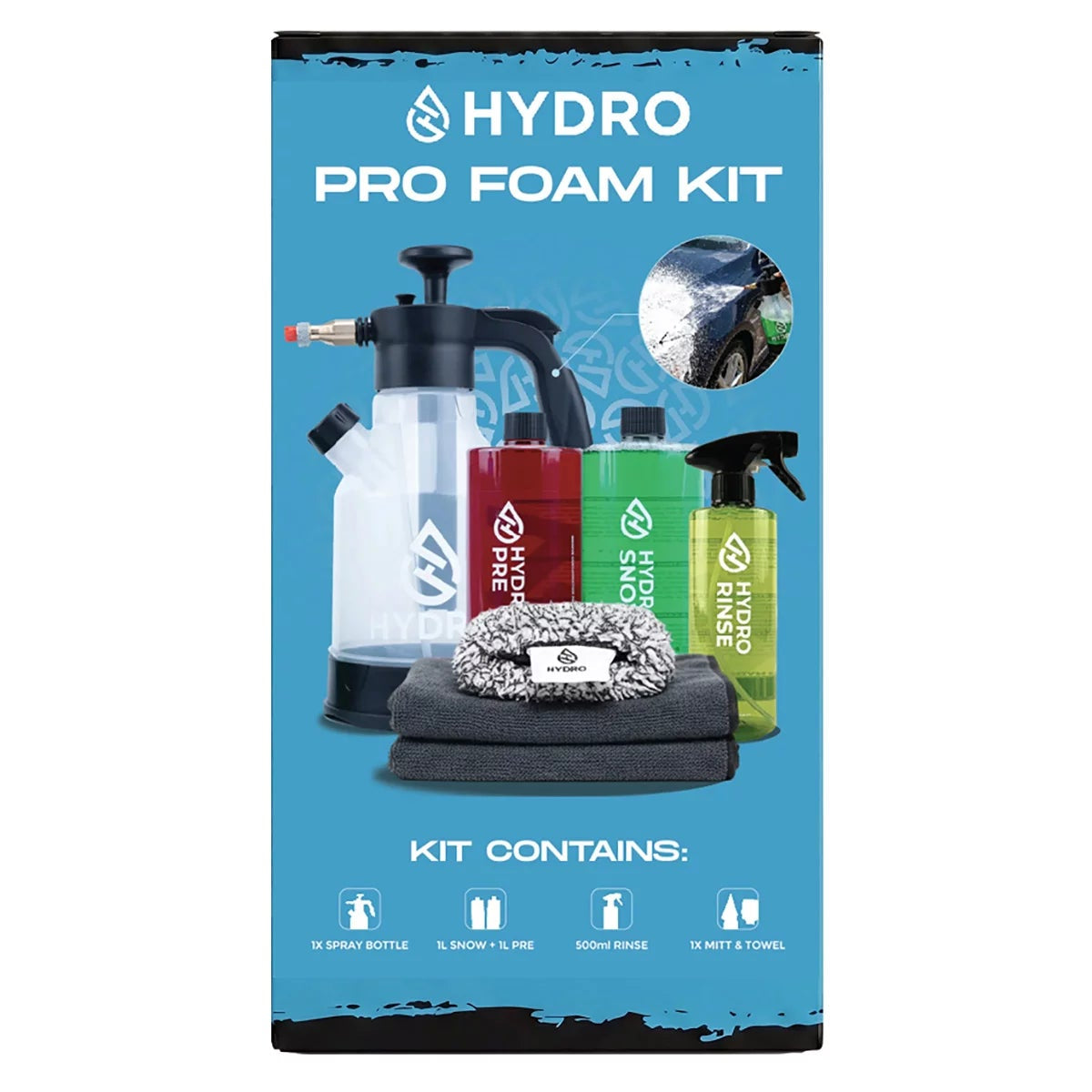 A 6-piece Hydro Pro Foam Kit featuring a black hand-pump spray bottle, three detailing bottles, a plush blue wash mitt, and a gray microfiber drying towel set on a clean driveway.