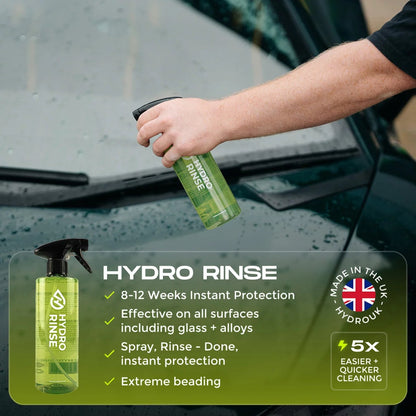 A 6-piece Hydro Pro Foam Kit featuring a black hand-pump spray bottle, three detailing bottles, a plush blue wash mitt, and a gray microfiber drying towel set on a clean driveway.