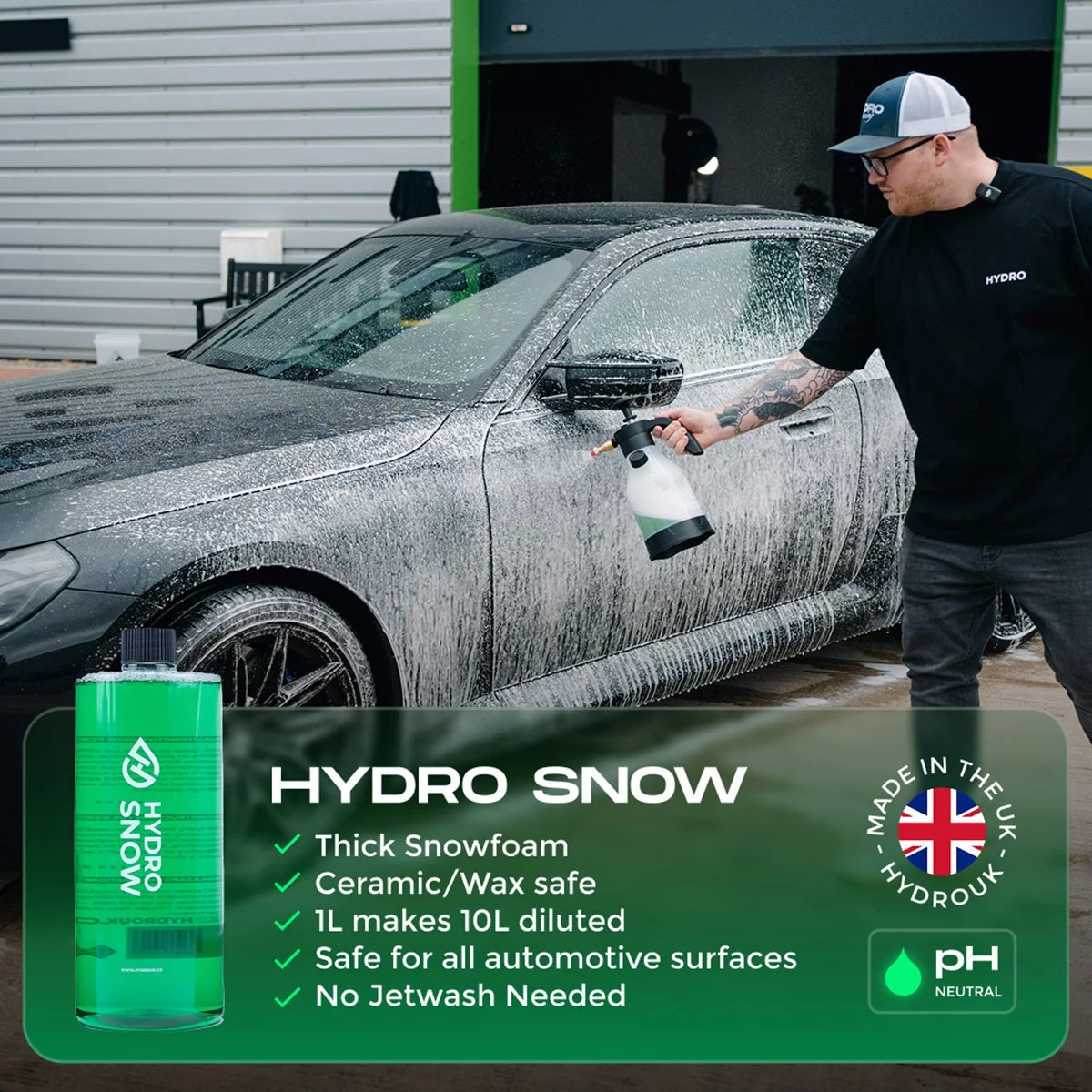 A 6-piece Hydro Pro Foam Kit featuring a black hand-pump spray bottle, three detailing bottles, a plush blue wash mitt, and a gray microfiber drying towel set on a clean driveway.