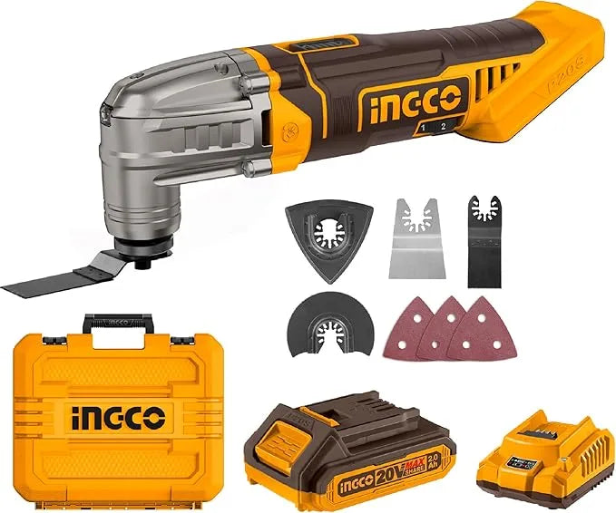 INGCO 20V cordless multi-tool with battery and charger set on a workbench, ready for various home improvement tasks.