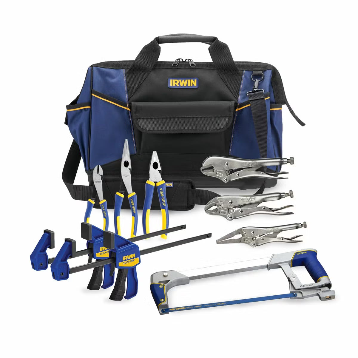 Flat lay arrangement of the IRWIN 9 piece hand tool set featuring locking pliers, mini bar clamps, and hacksaw frame next to a blue and yellow 19-inch tool bag on a wooden workbench.