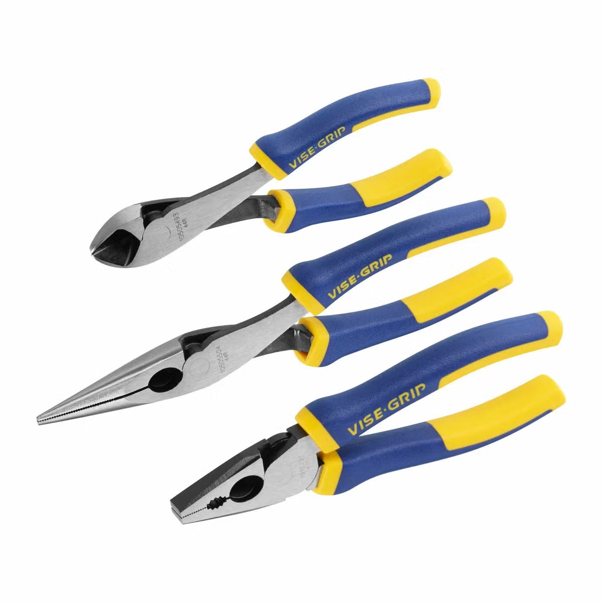 Flat lay arrangement of the IRWIN 9 piece hand tool set featuring locking pliers, mini bar clamps, and hacksaw frame next to a blue and yellow 19-inch tool bag on a wooden workbench.