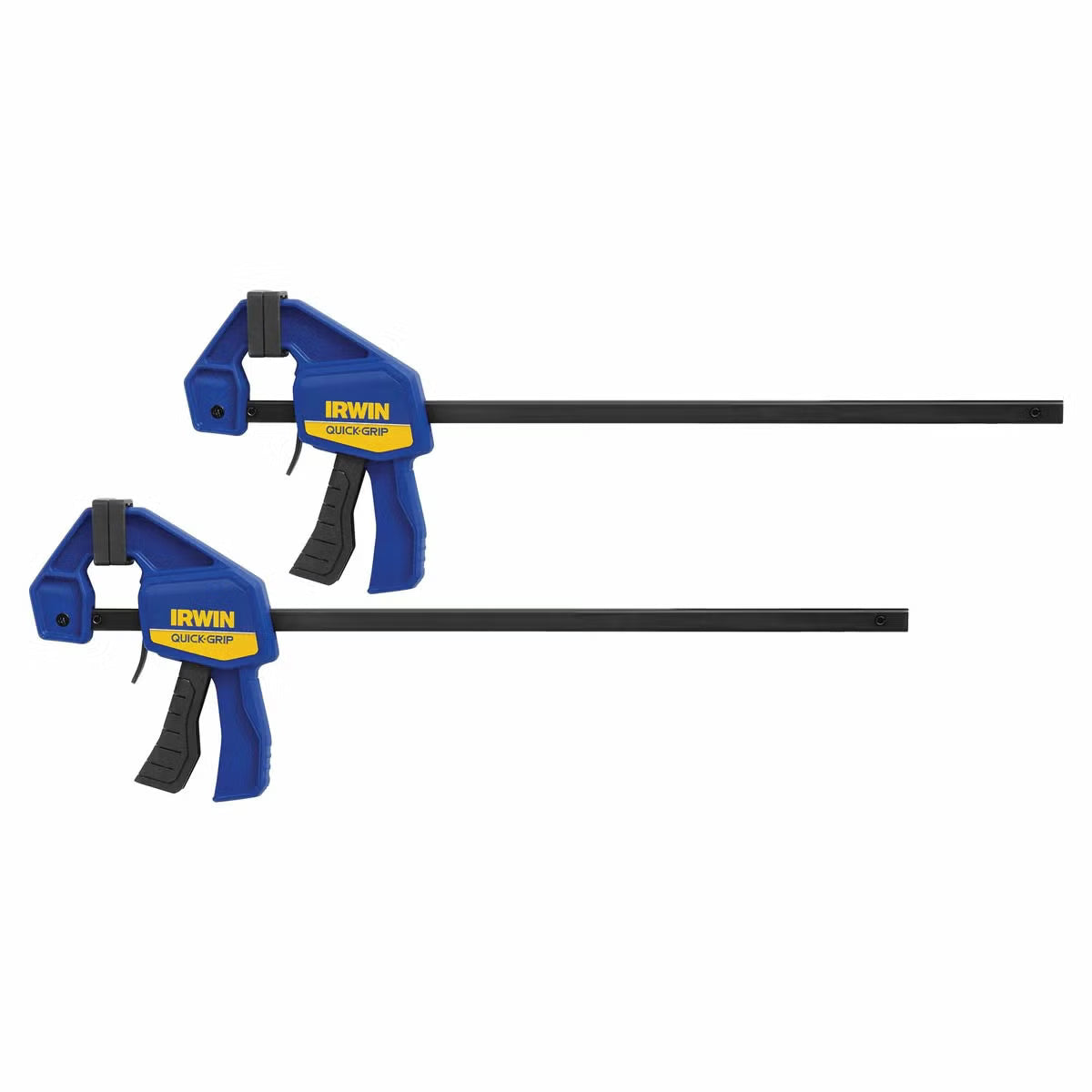 Flat lay arrangement of the IRWIN 9 piece hand tool set featuring locking pliers, mini bar clamps, and hacksaw frame next to a blue and yellow 19-inch tool bag on a wooden workbench.