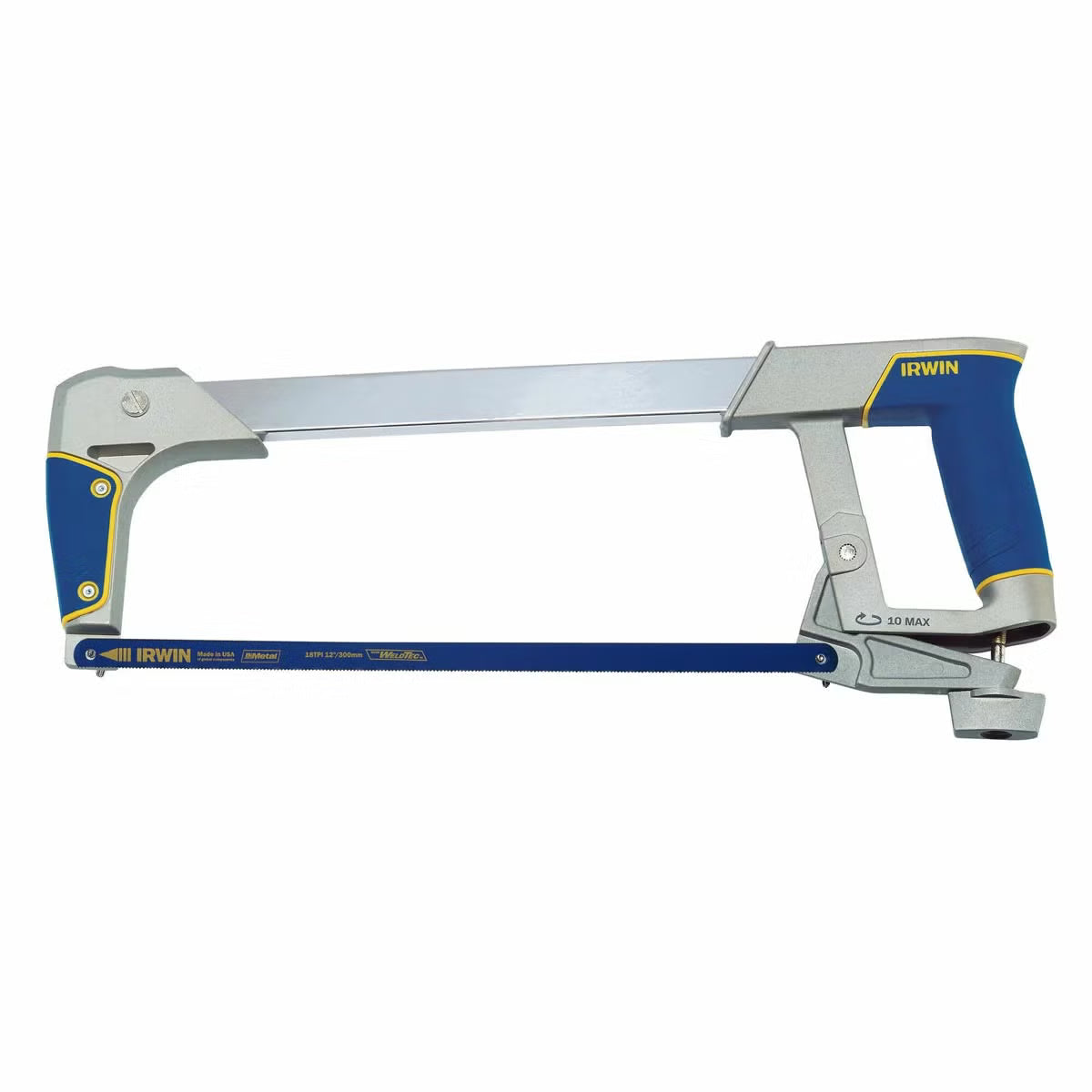 Flat lay arrangement of the IRWIN 9 piece hand tool set featuring locking pliers, mini bar clamps, and hacksaw frame next to a blue and yellow 19-inch tool bag on a wooden workbench.