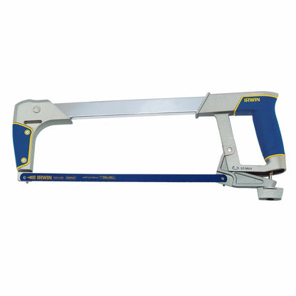 Flat lay arrangement of the IRWIN 9 piece hand tool set featuring locking pliers, mini bar clamps, and hacksaw frame next to a blue and yellow 19-inch tool bag on a wooden workbench.