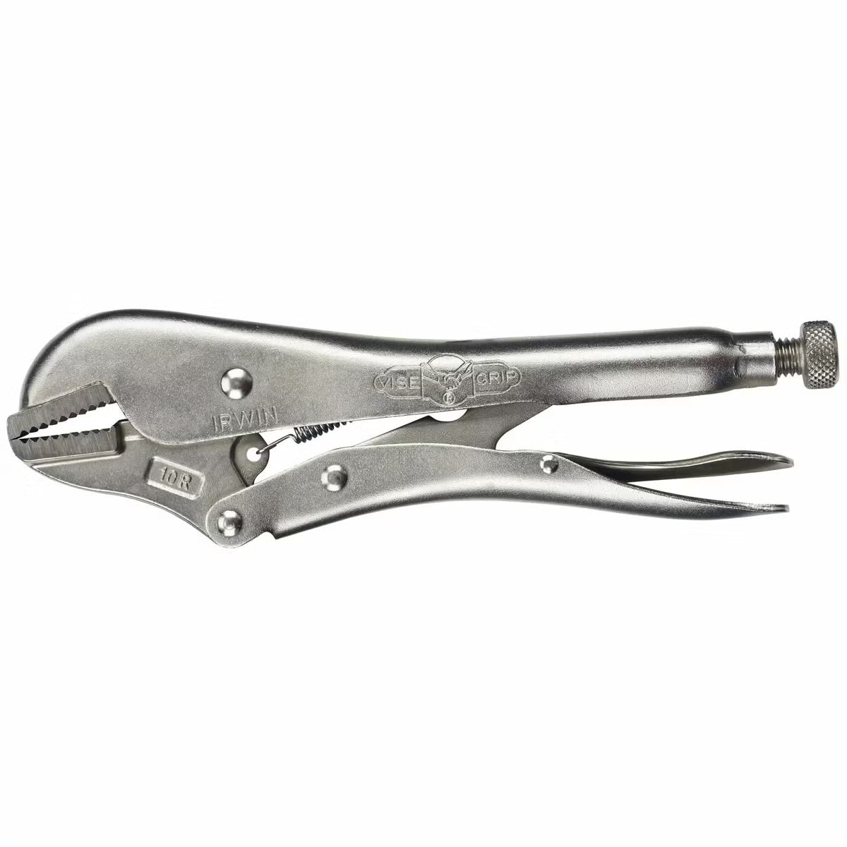 Flat lay arrangement of the IRWIN 9 piece hand tool set featuring locking pliers, mini bar clamps, and hacksaw frame next to a blue and yellow 19-inch tool bag on a wooden workbench.
