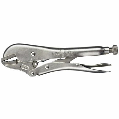 Flat lay arrangement of the IRWIN 9 piece hand tool set featuring locking pliers, mini bar clamps, and hacksaw frame next to a blue and yellow 19-inch tool bag on a wooden workbench.