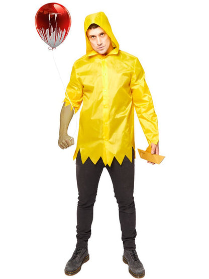Adult wearing bright yellow IT Georgie raincoat costume with deep hood pulled up against a dark background.