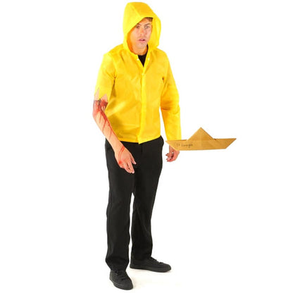 Adult wearing bright yellow IT Georgie raincoat costume with deep hood pulled up against a dark background.